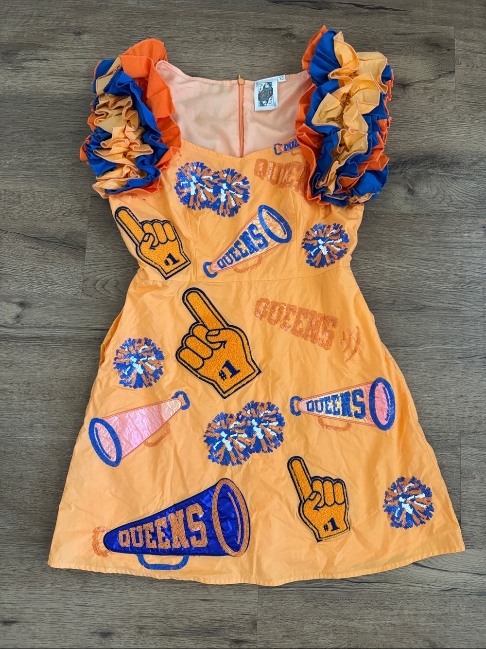 QUEEN OF SPARKLES Orange Mini Dress with Blue & Pink Accents